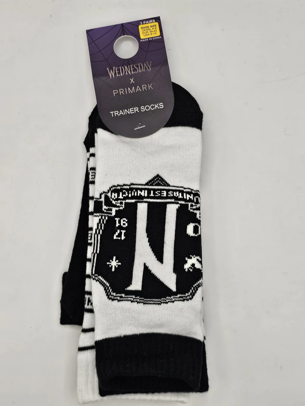 Wednesday Addams x Primark Trainer Socks, Sz Large, 3 Pairs, new with tags